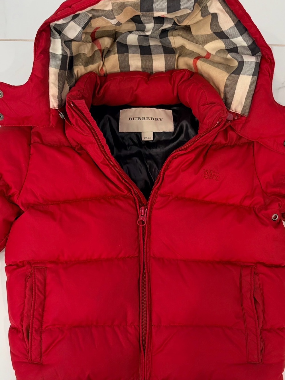 Burberry Kids (Toddlers) Red Hooded Puffer with Iconic Check Lining - Size 3